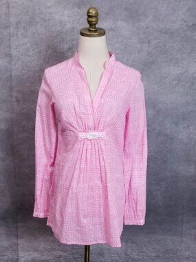 Skirtin Around Tunic Top Pink White Geometric Empire Waist V-Neck Size 4 Resort